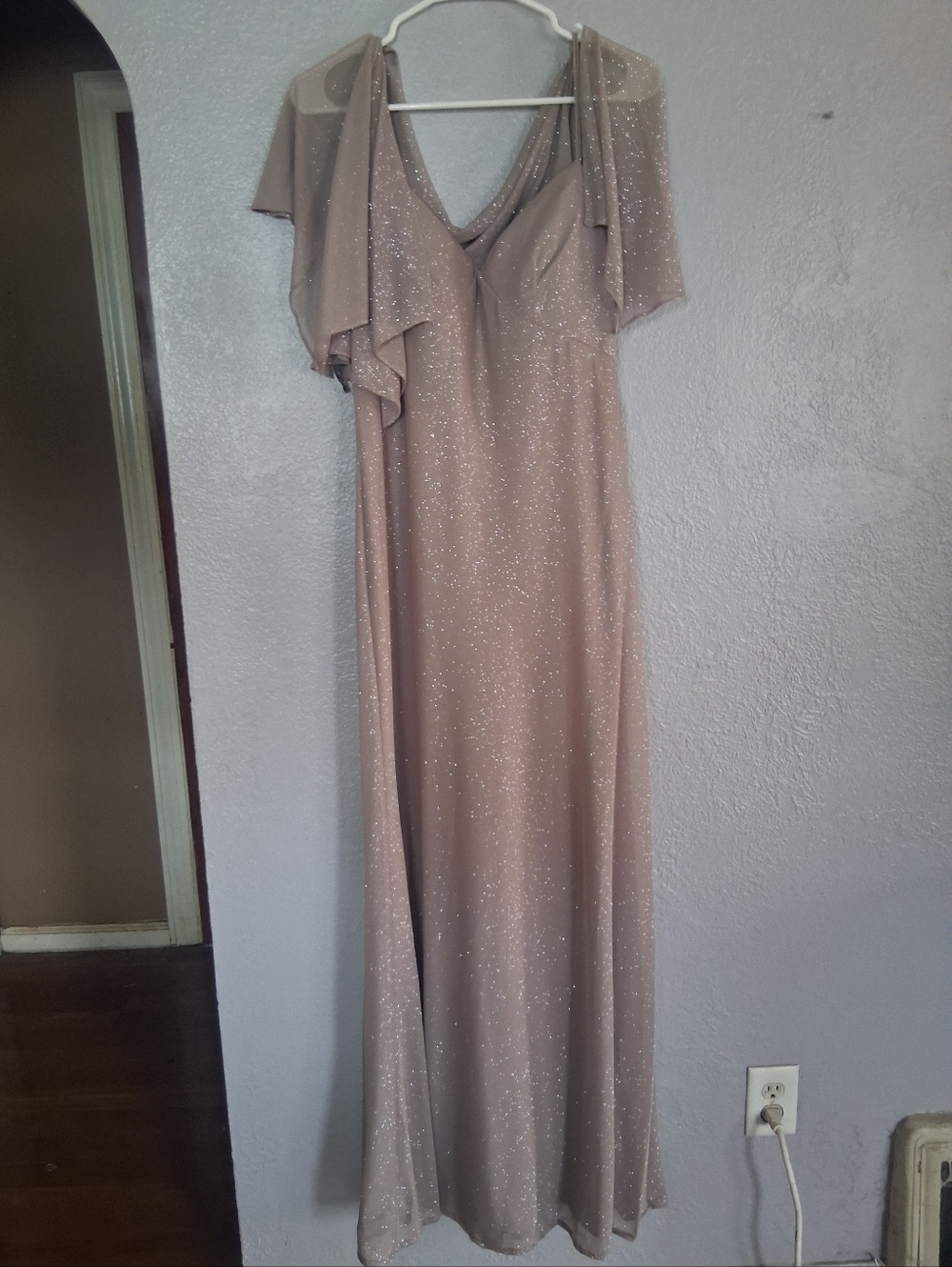 Jenny Yoo Collections Tan Sparkle Spaghetti Strap Dress Formal MOTB  Shawl 8